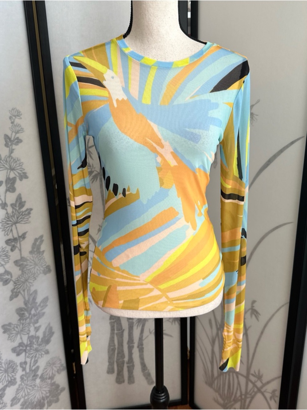 AFRM Long-Sleeve Abstract Bird Print Top - Light Blue & Yellow & Gold